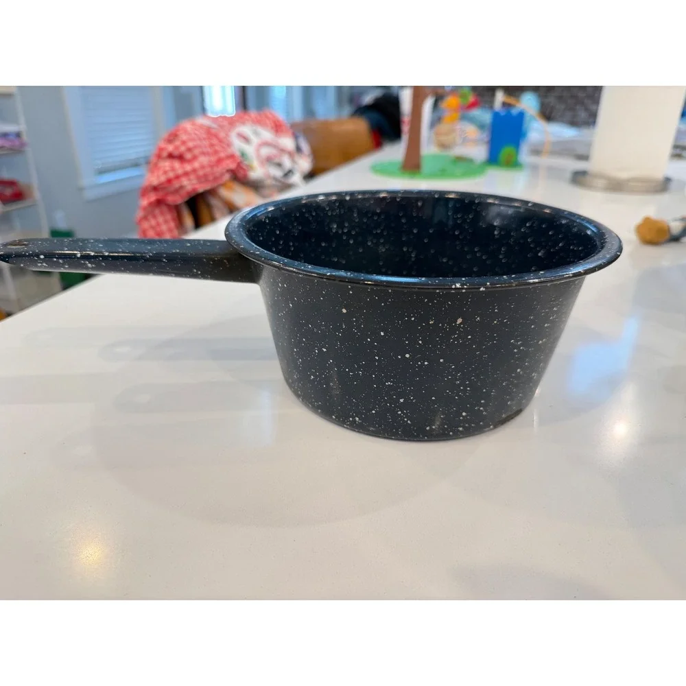 Vintage Blue Speckled Enamelware Saucepan White Granite Splatter Pot 6 Inch